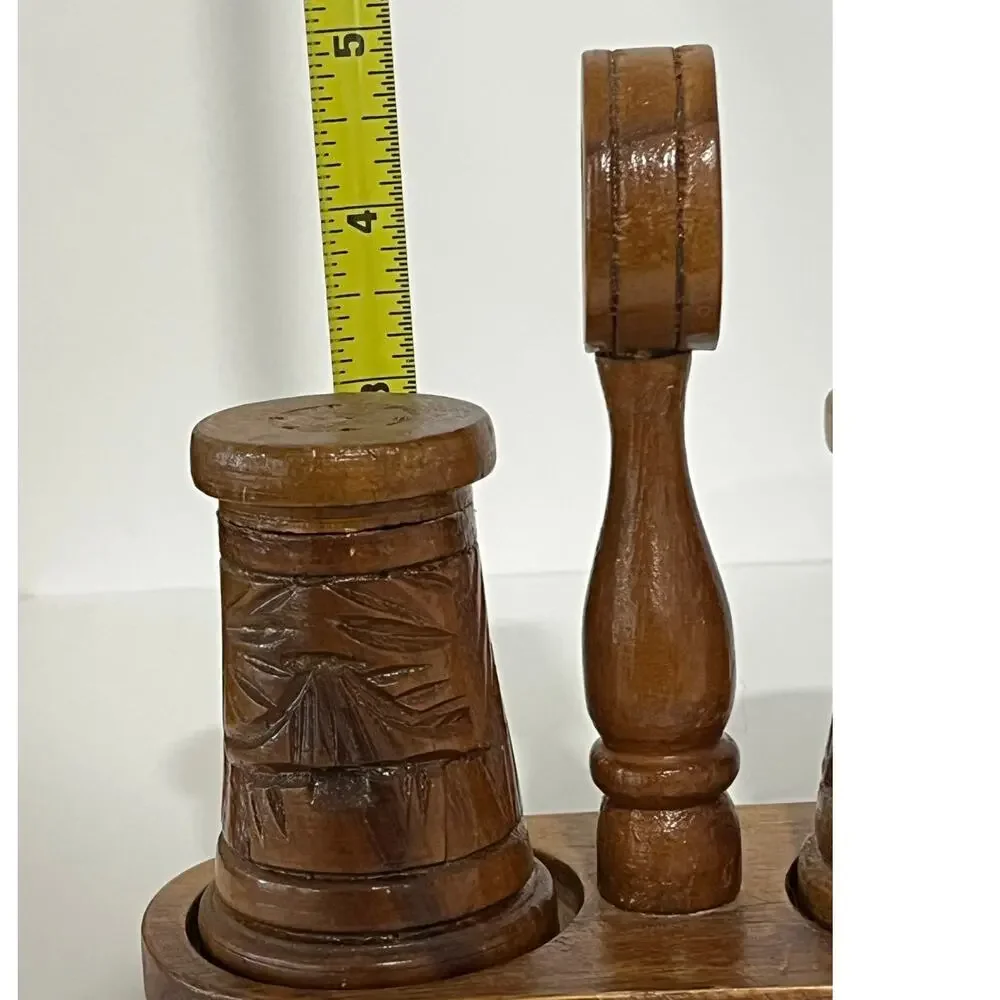Vintage Hawaii Hardwoods Monkeypod Wood Salt Pepper Shaker Set‎ w Caddy Tiki MCM